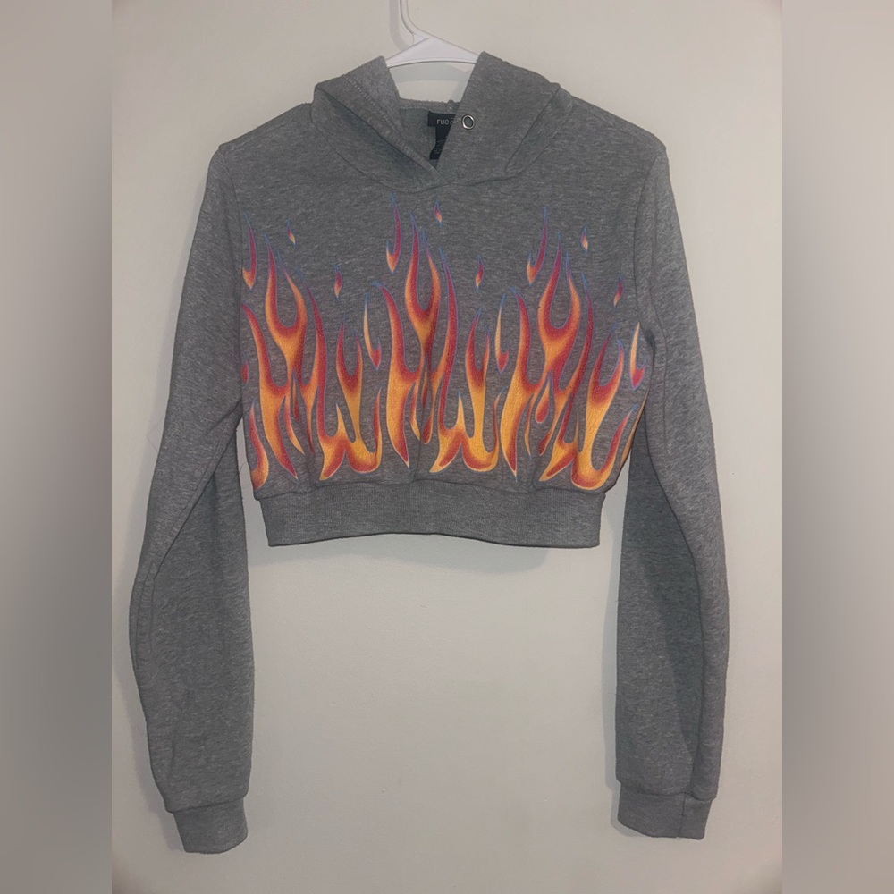 Flame Graphic Cropped Y2K Grunge Hoodie M
